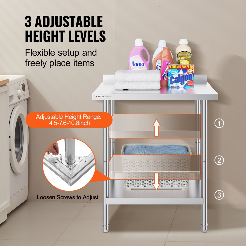 VEVOR 24 x 30 x 36 Inch Stainless Steel Work Table, Commercial Food Prep Worktable Heavy Duty Prep Worktable, Metal Work Table with Adjustable Height for Restaurant, Home and Hotel 