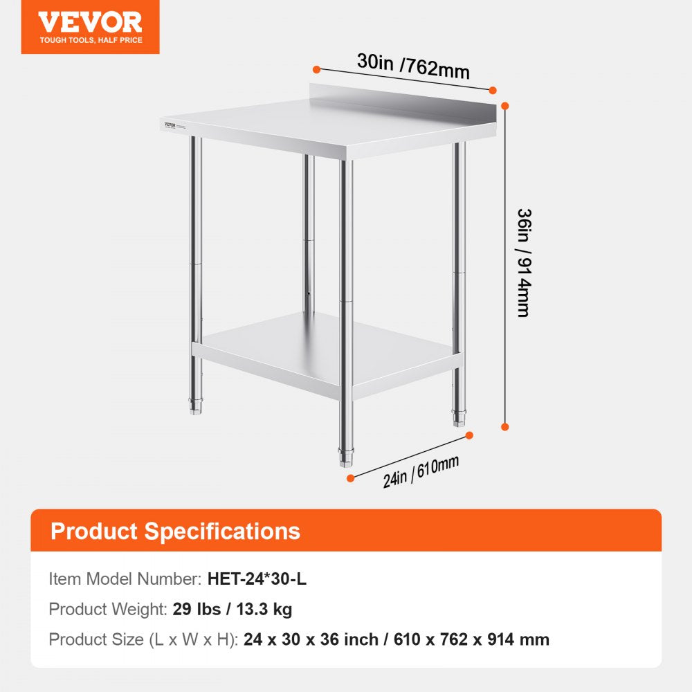 VEVOR 24 x 30 x 36 Inch Stainless Steel Work Table, Commercial Food Prep Worktable Heavy Duty Prep Worktable, Metal Work Table with Adjustable Height for Restaurant, Home and Hotel 