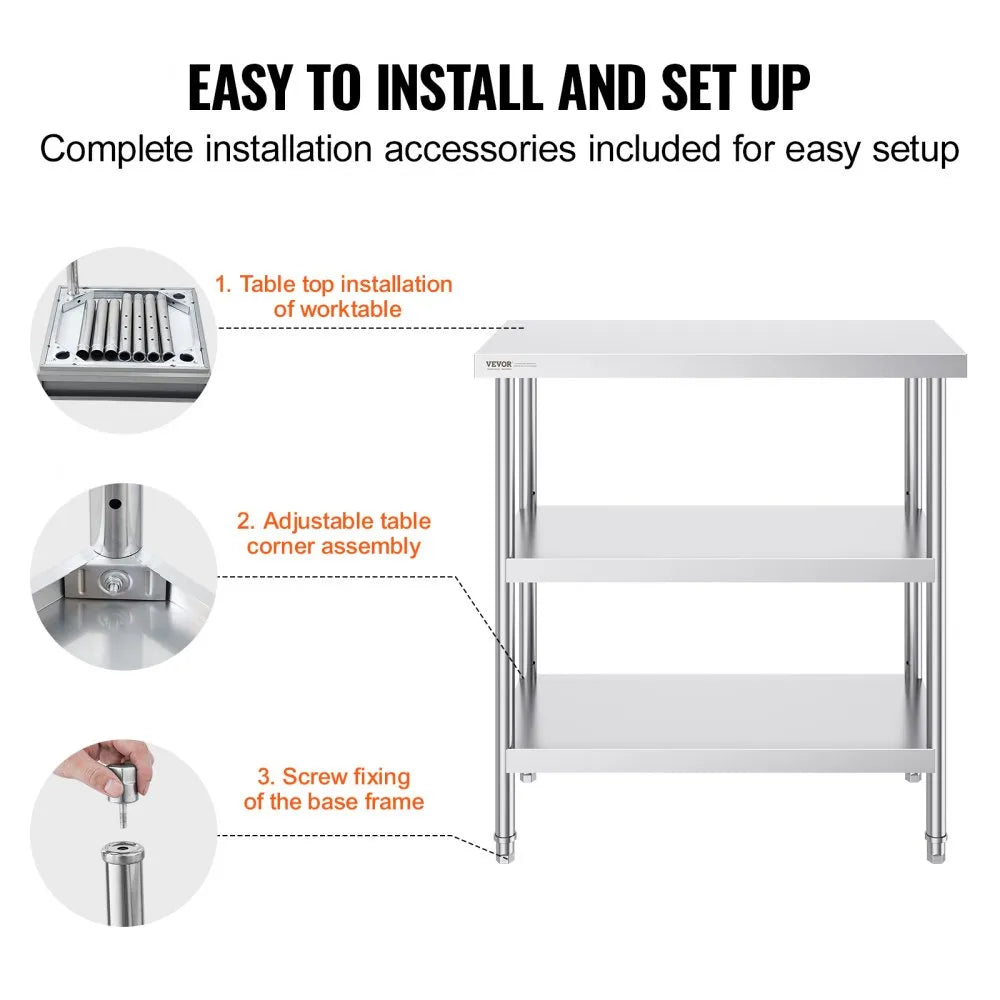 VEVOR Stainless Steel Food Prep Table, 18 x 36 x 34 Inch Commercial Kitchen Worktable, with 2 Adjustable Undershelf, Heavy Duty Prep Table Metal Work Table for BBQ, Kitchen, Home, and Garage