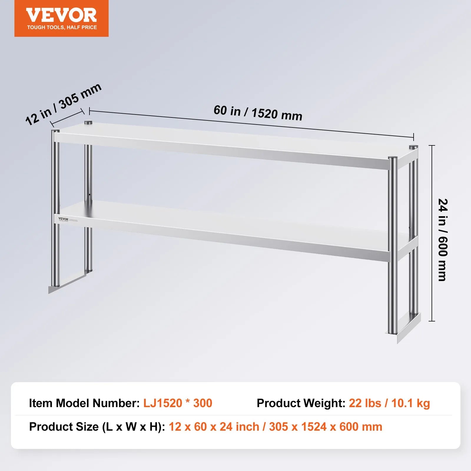VEVOR Double Overshelf, Double Tier Stainless Steel Overshelf, 12 x 60 Inch Double Deck Overshelf, Height Adjustable Overshelf Prep Work Table for Kitchen, Restaurant and Workshop