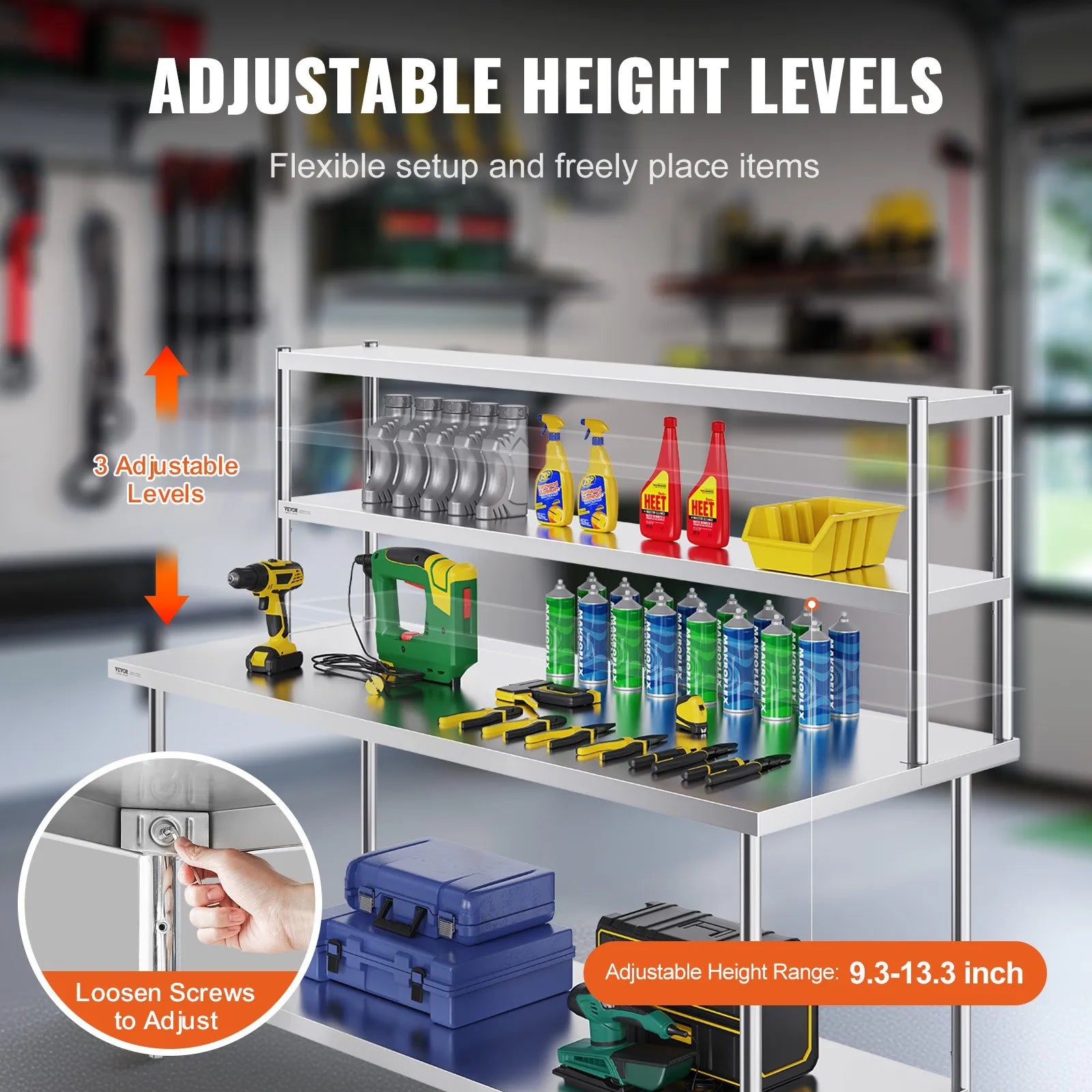 VEVOR Double Overshelf Stainless Steel Overshelf 2-Tier 12"x72" for Prep Table