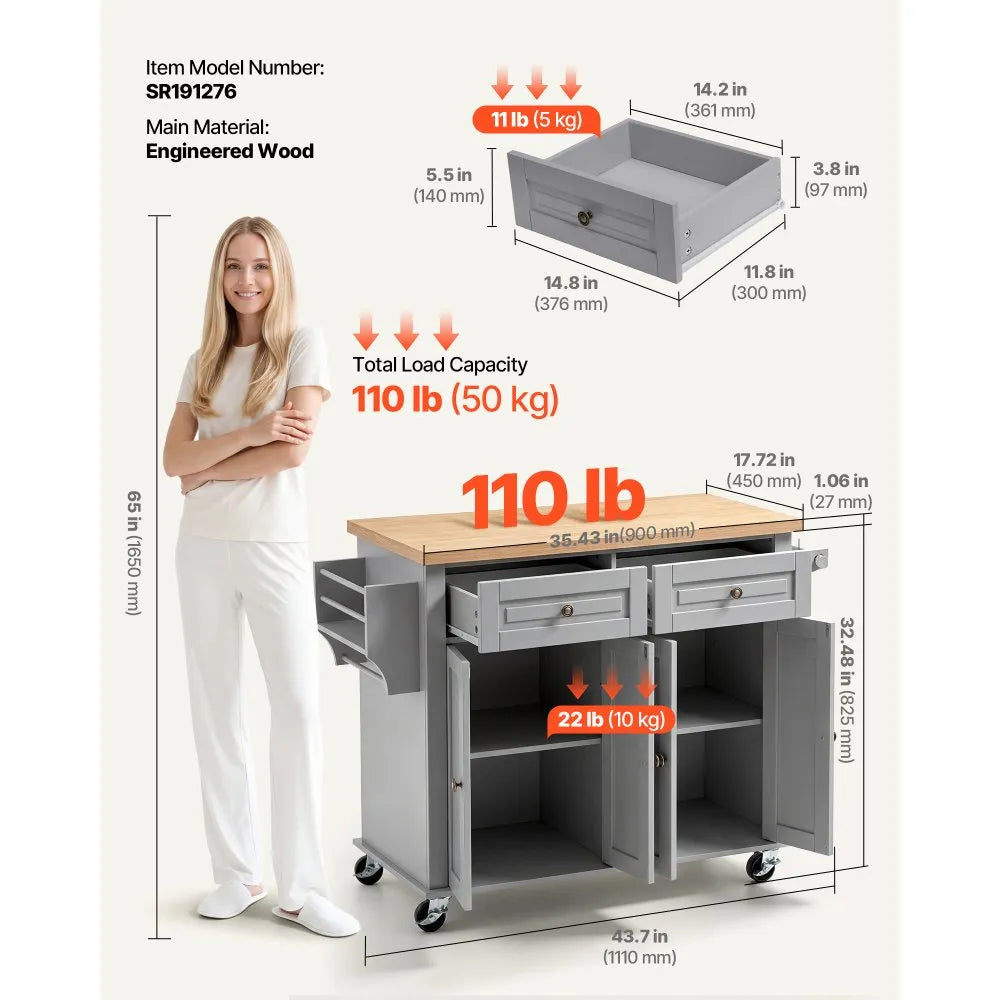 43.7" Rolling Kitchen Island Cart with Storage Cabinet, 2 Drawers & Spice Rack – Gray