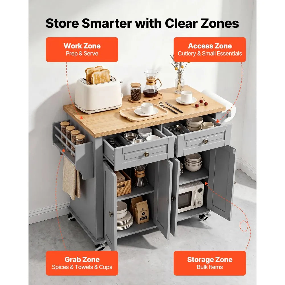 43.7" Rolling Kitchen Island Cart with Storage Cabinet, 2 Drawers & Spice Rack – Gray
