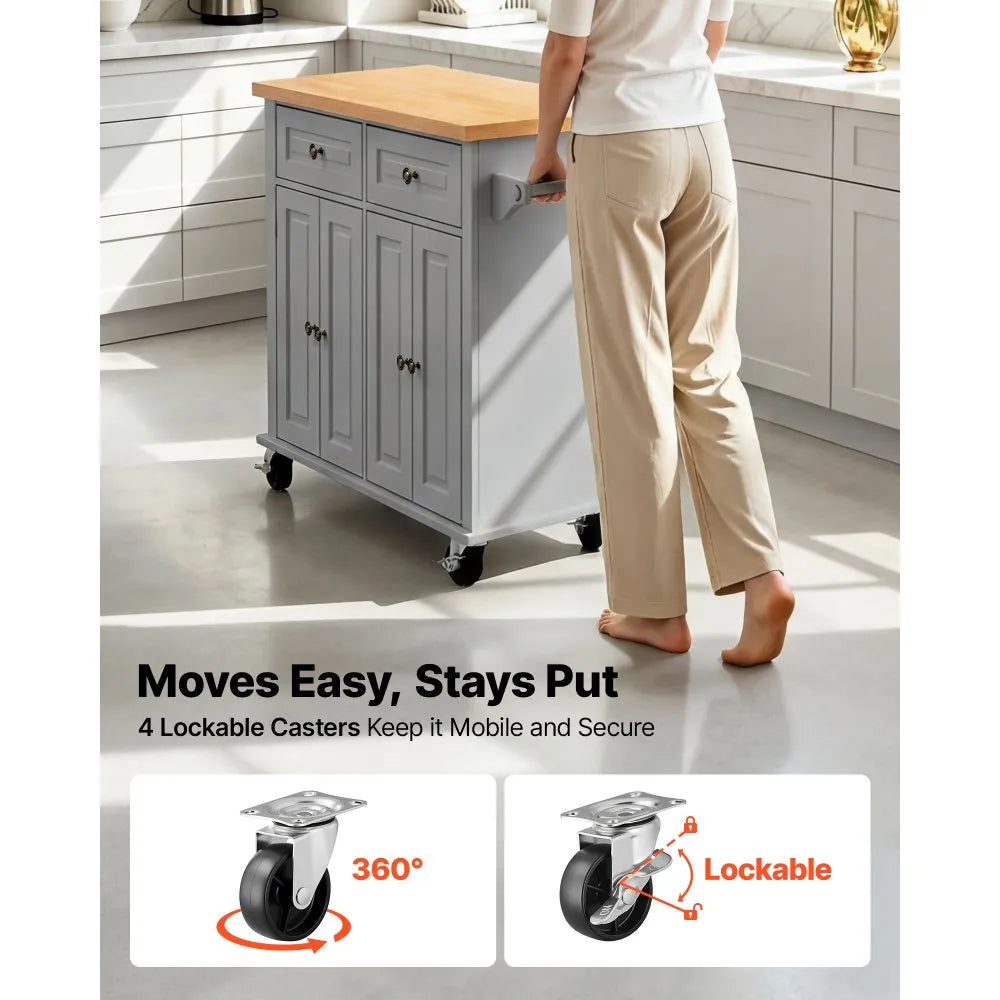 43.7" Rolling Kitchen Island Cart with Storage Cabinet, 2 Drawers & Spice Rack – Gray