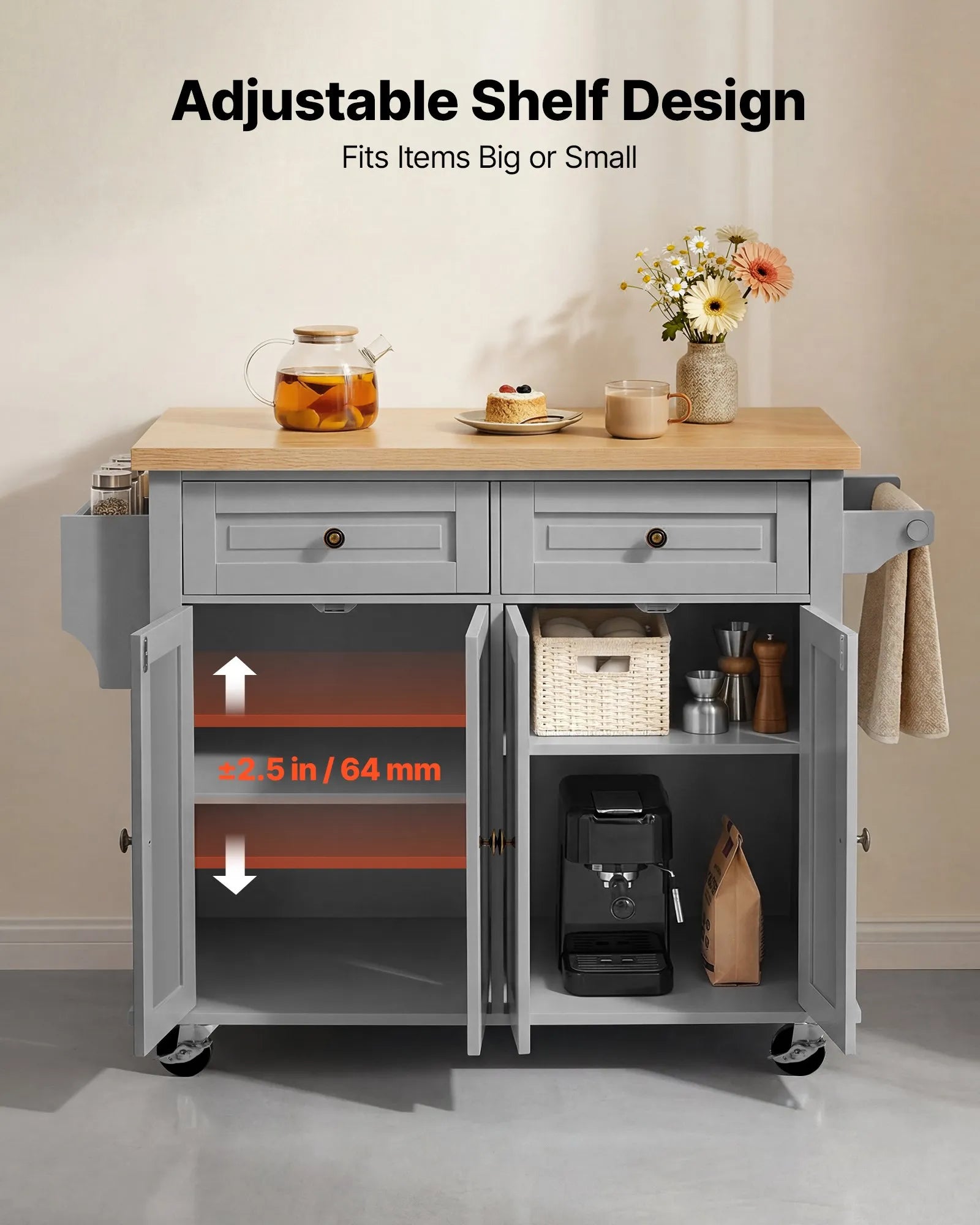43.7" Rolling Kitchen Island Cart with Storage Cabinet, 2 Drawers & Spice Rack – Gray