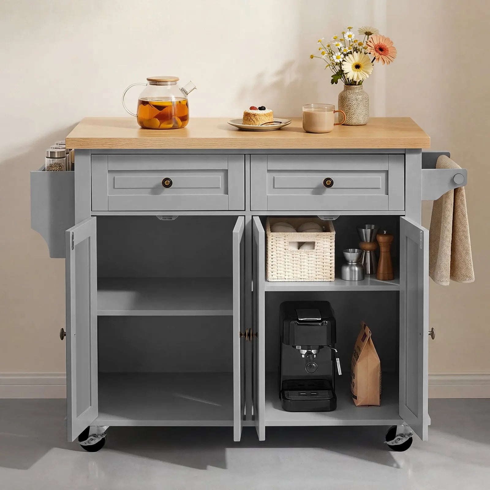 43.7" Rolling Kitchen Island Cart with Storage Cabinet, 2 Drawers & Spice Rack – Gray