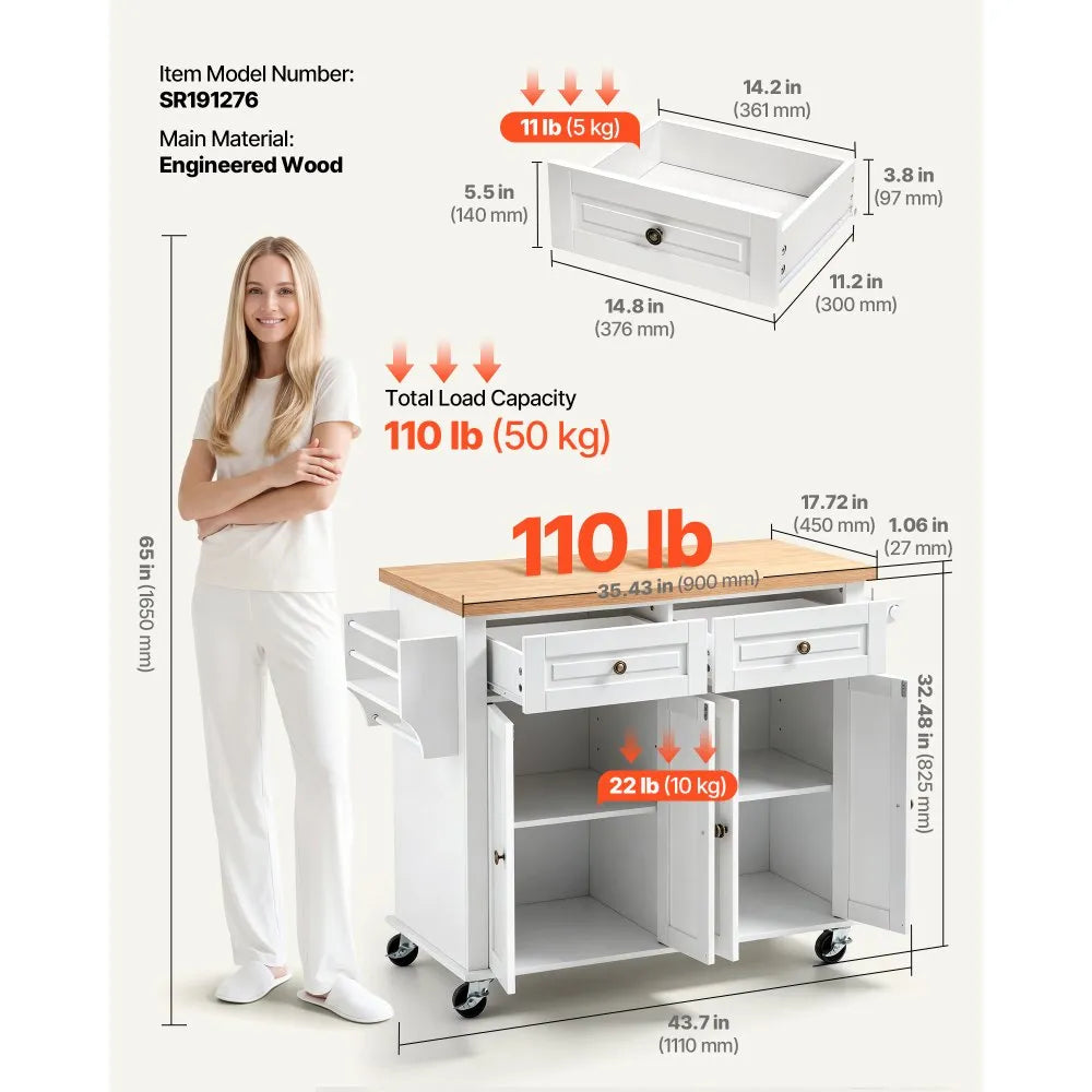 43.7" Rolling Kitchen Island Cart with Storage Cabinet, 2 Drawers & Spice Rack – White
