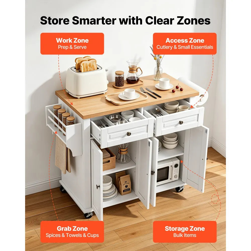 43.7" Rolling Kitchen Island Cart with Storage Cabinet, 2 Drawers & Spice Rack – White