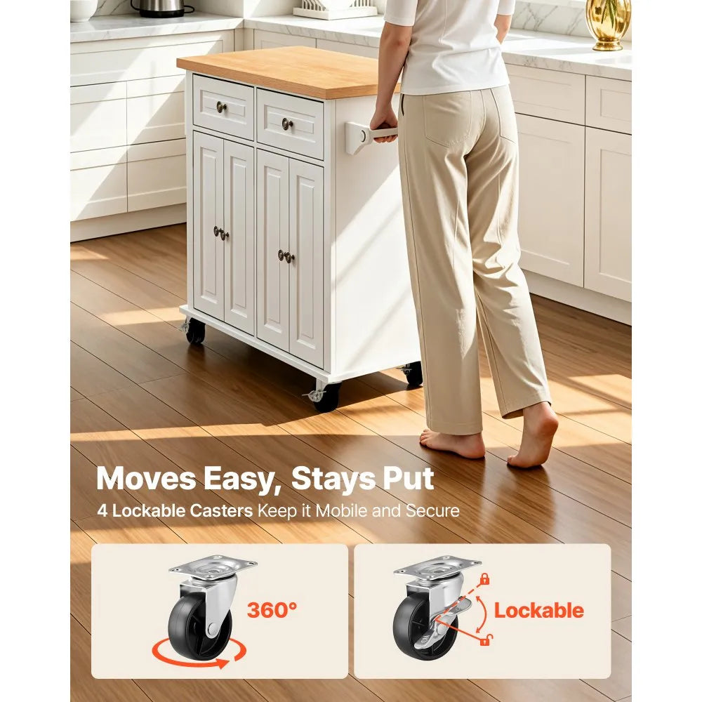 43.7" Rolling Kitchen Island Cart with Storage Cabinet, 2 Drawers & Spice Rack – White