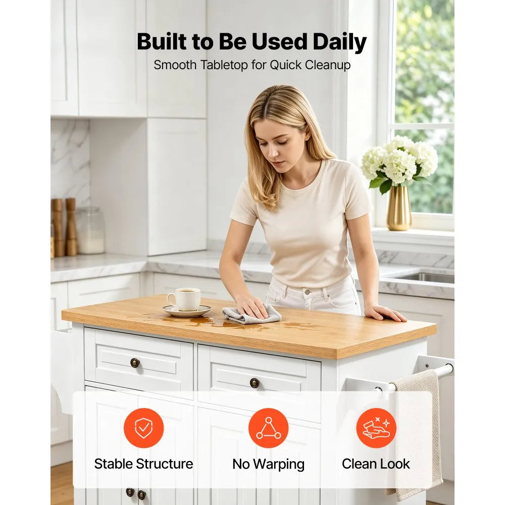 43.7" Rolling Kitchen Island Cart with Storage Cabinet, 2 Drawers & Spice Rack – White