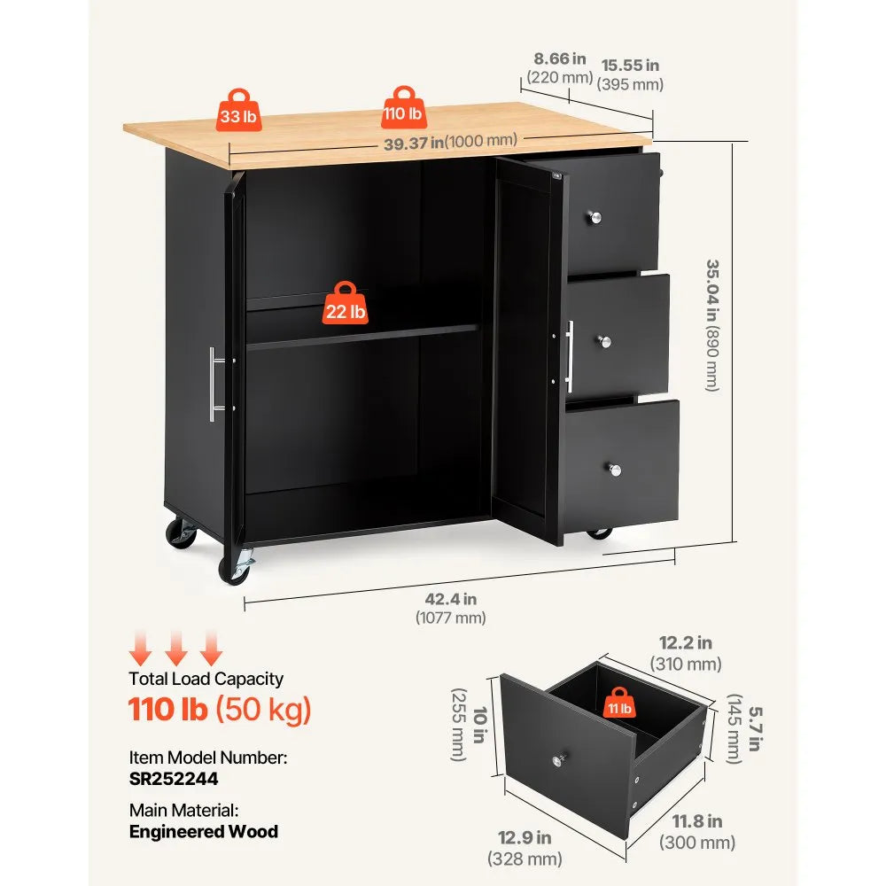 42.4" Rolling Kitchen Island Cart with Storage, Drop Leaf & 3 Drawers – Black