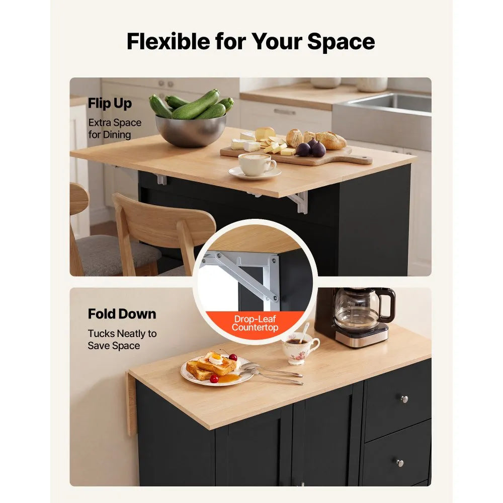 42.4" Rolling Kitchen Island Cart with Storage, Drop Leaf & 3 Drawers – Black