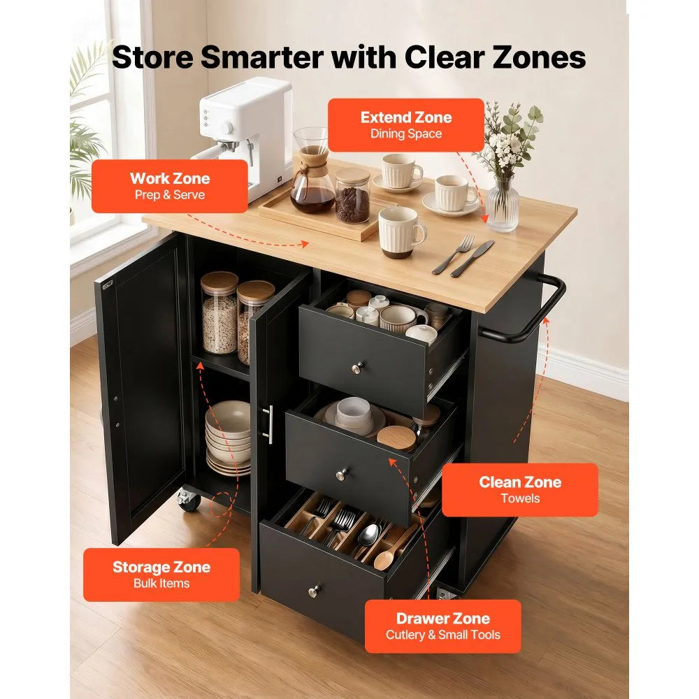 42.4" Rolling Kitchen Island Cart with Storage, Drop Leaf & 3 Drawers – Black