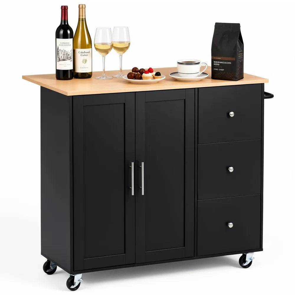 42.4" Rolling Kitchen Island Cart with Storage, Drop Leaf & 3 Drawers – Black