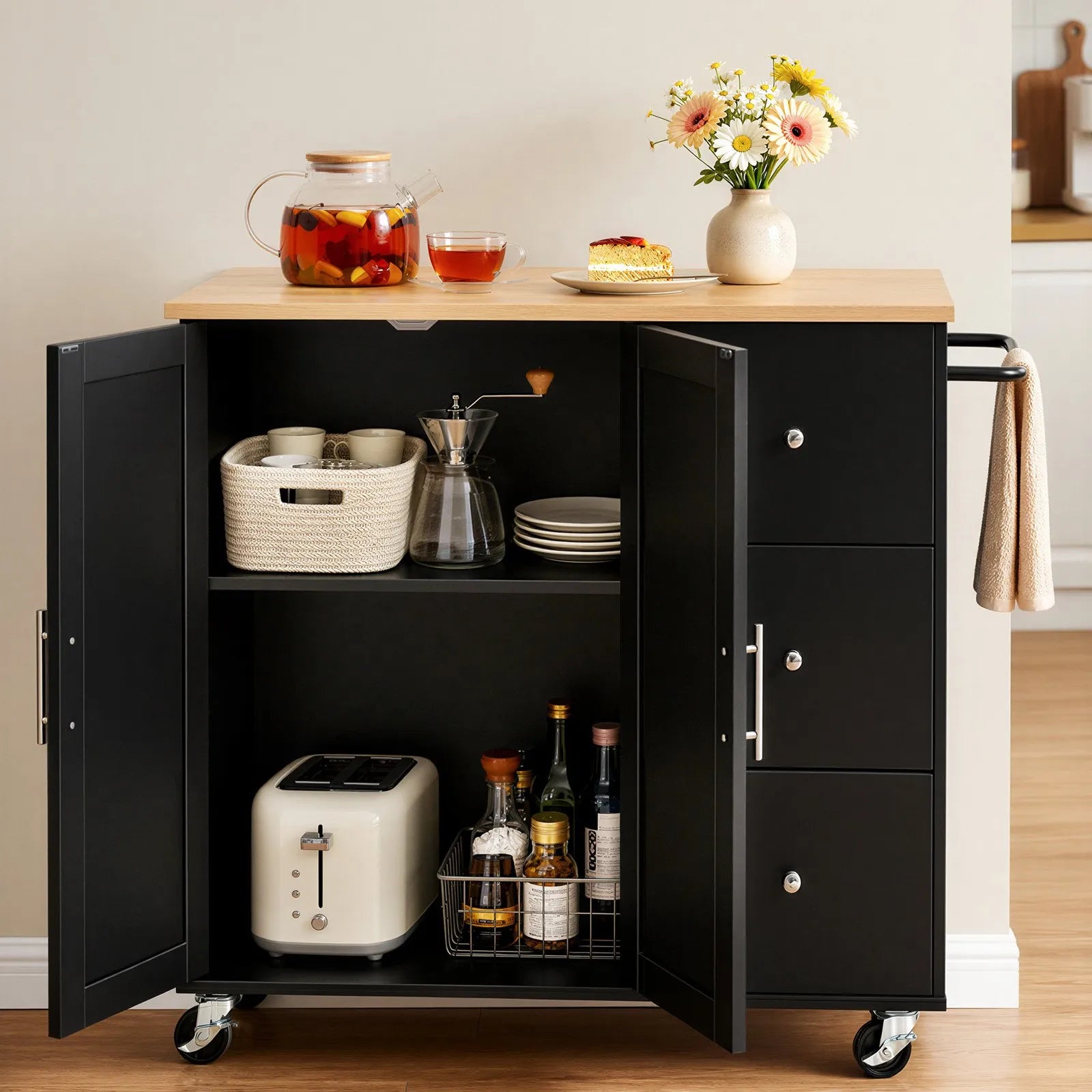 42.4" Rolling Kitchen Island Cart with Storage, Drop Leaf & 3 Drawers – Black