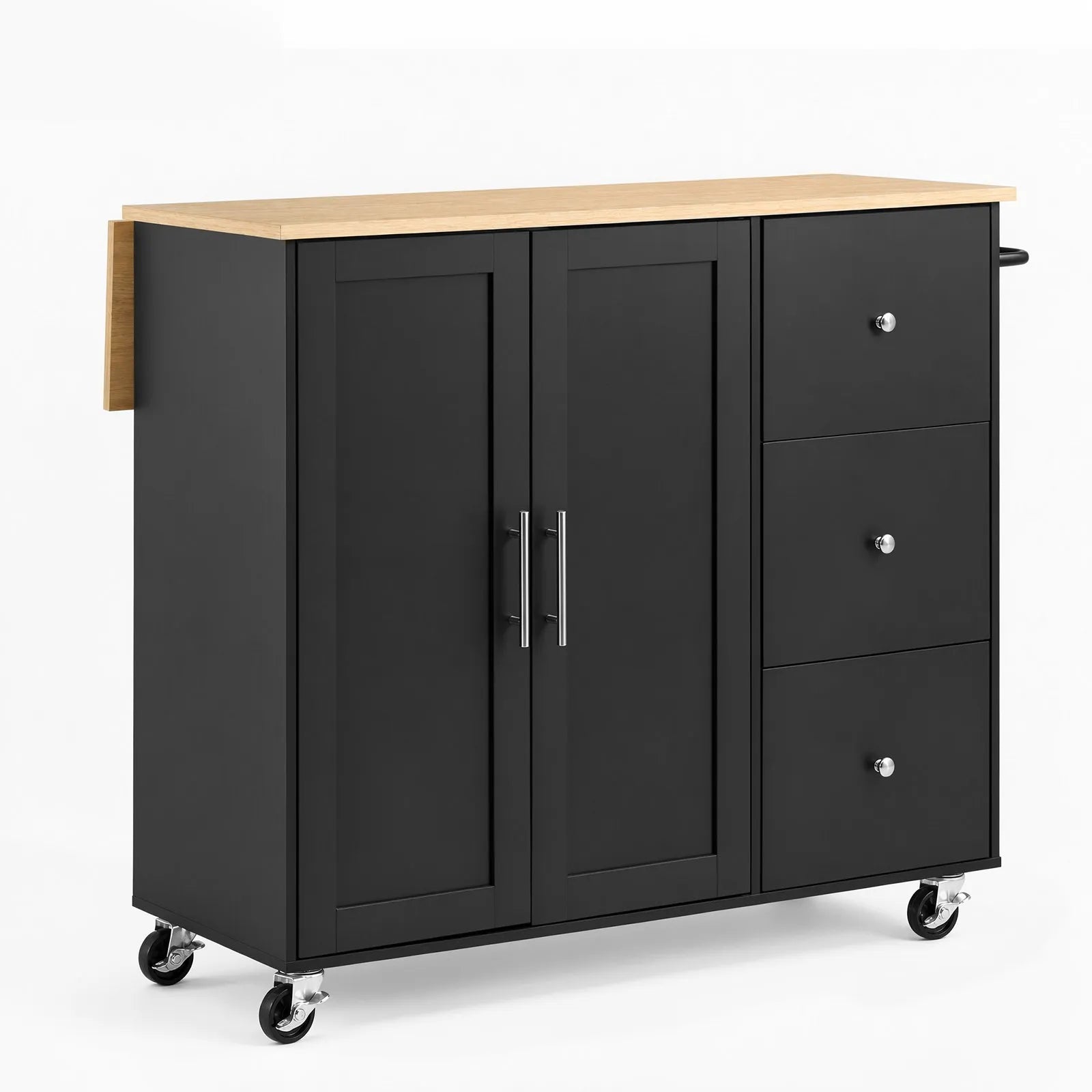 42.4" Rolling Kitchen Island Cart with Storage, Drop Leaf & 3 Drawers – Black
