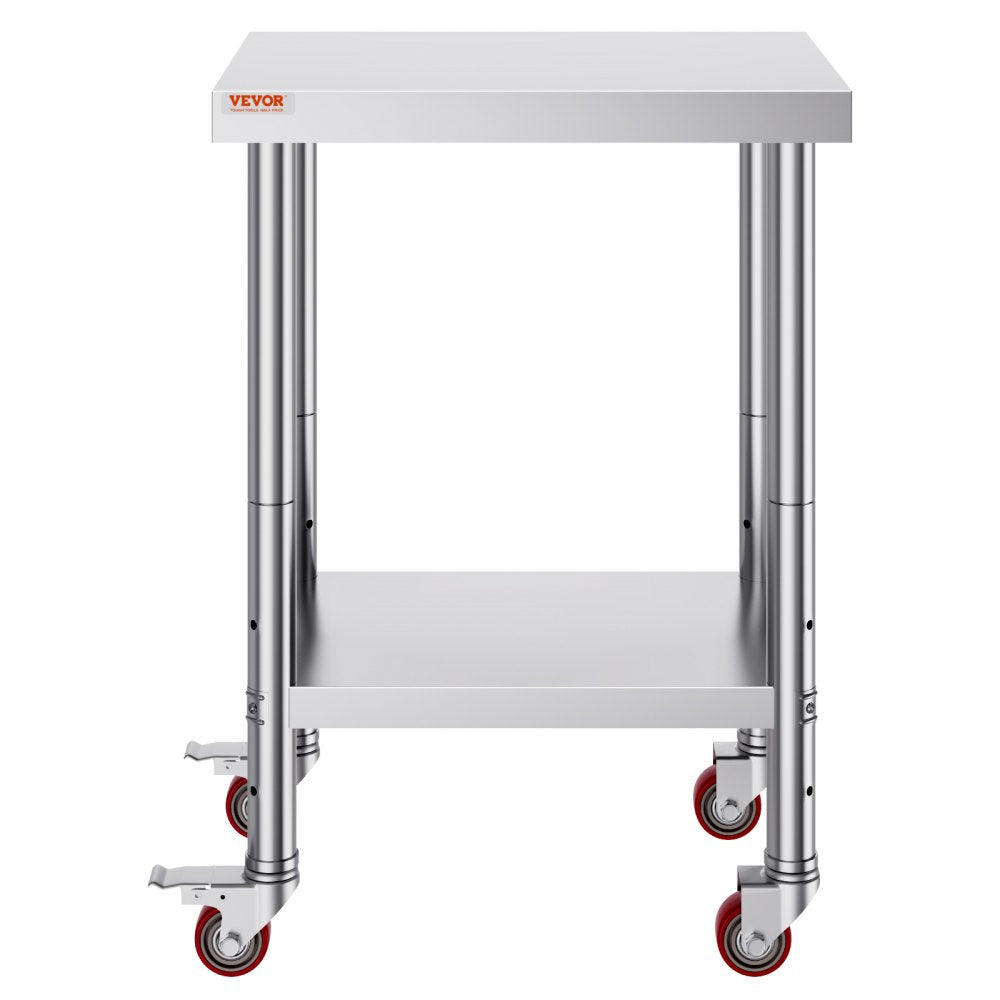 VEVOR 24 x 18 x 34 Inch Stainless Steel Work Table 3 Stage Adjustable Shelf with 4 Wheels Heavy Duty Commercial Food Prep Worktable with Brake 220 lb Capacity 