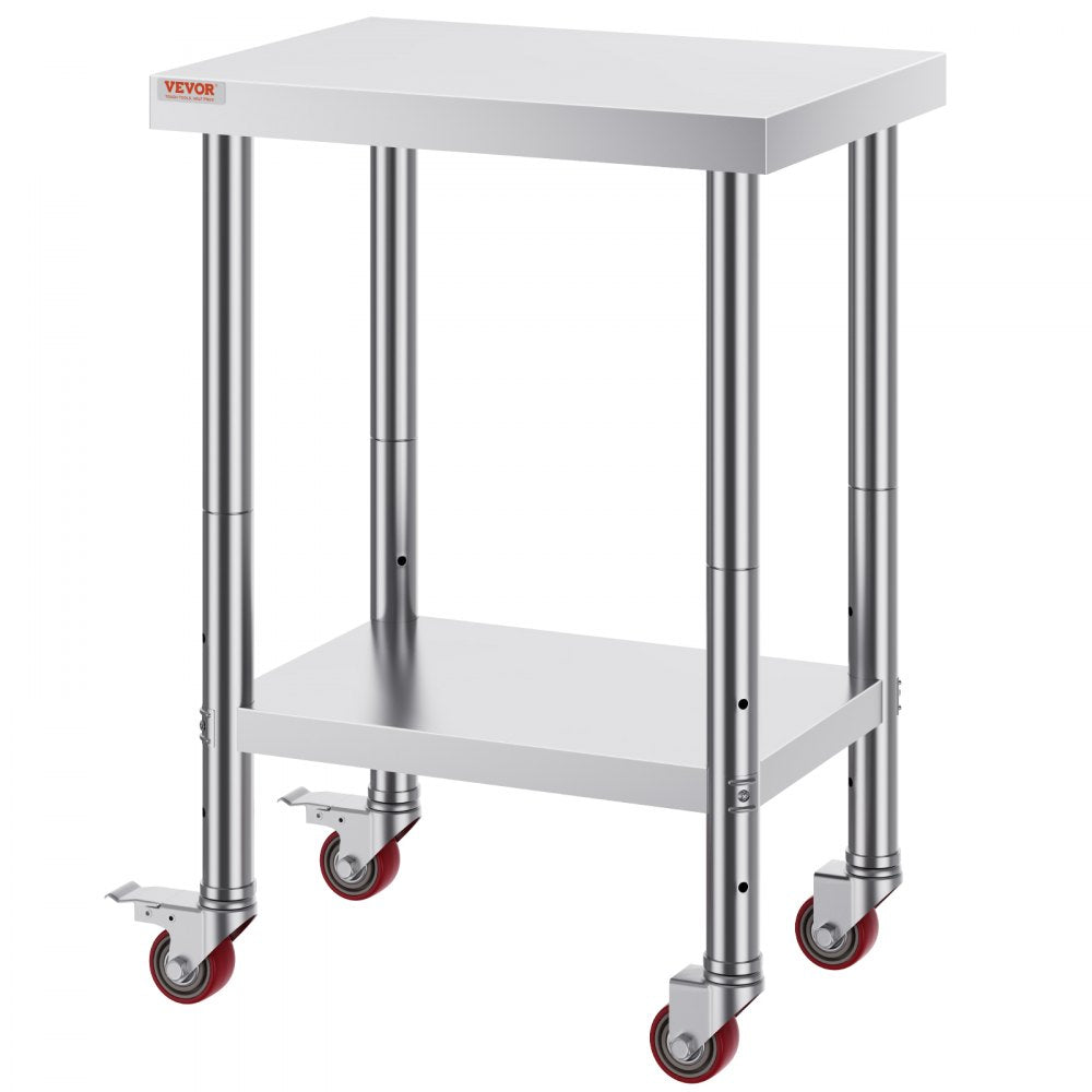 VEVOR 24 x 18 x 34 Inch Stainless Steel Work Table 3 Stage Adjustable Shelf with 4 Wheels Heavy Duty Commercial Food Prep Worktable with Brake 220 lb Capacity 