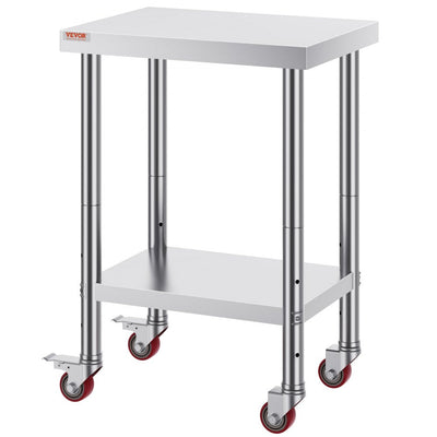 VEVOR 24 x 18 x 34 Inch Stainless Steel Work Table 3 Stage Adjustable Shelf with 4 Wheels Heavy Duty Commercial Food Prep Worktable with Brake 220 lb Capacity 