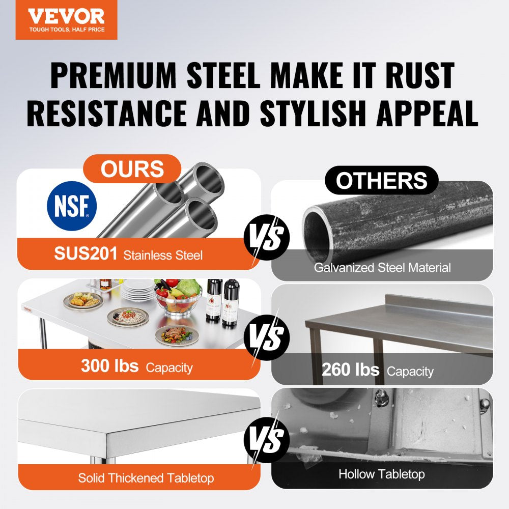 VEVOR Commercial Worktable Workstation 48 x 24 Inch Folding Commercial Prep Table, Heavy-duty Stainless Steel Folding Table with 661 lbs Load, Kitchen Work Table, Silver Stainless Steel Kitchen Island 
