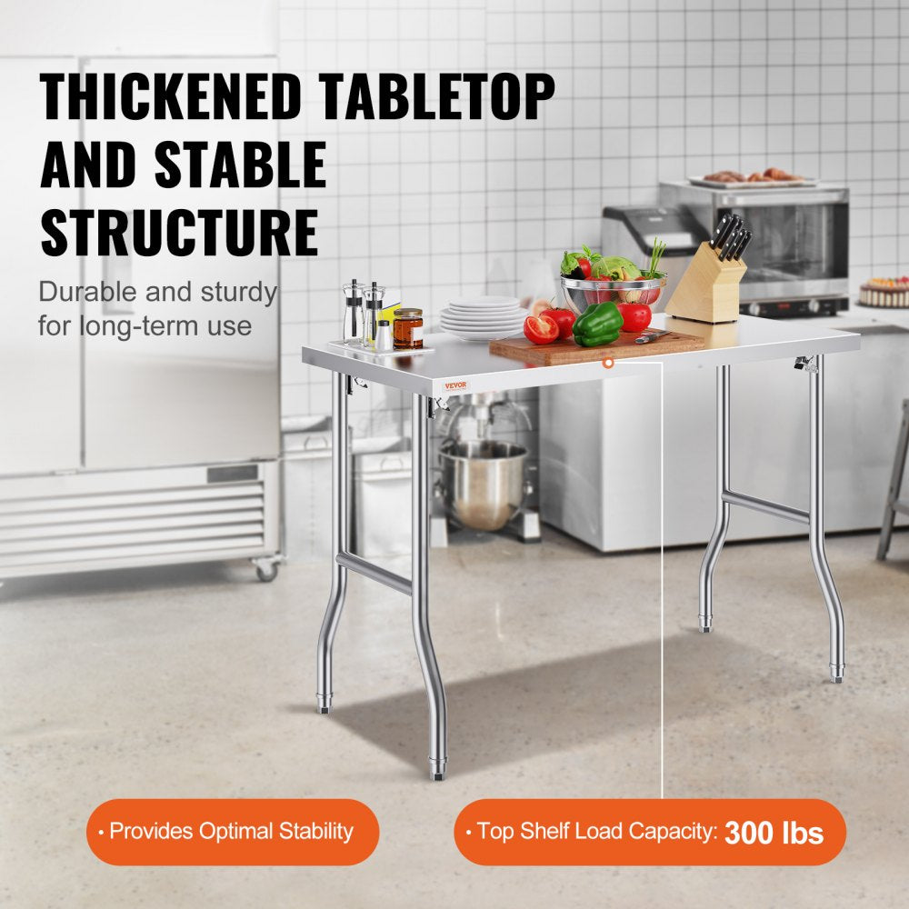 VEVOR Commercial Worktable Workstation 48 x 24 Inch Folding Commercial Prep Table, Heavy-duty Stainless Steel Folding Table with 661 lbs Load, Kitchen Work Table, Silver Stainless Steel Kitchen Island 