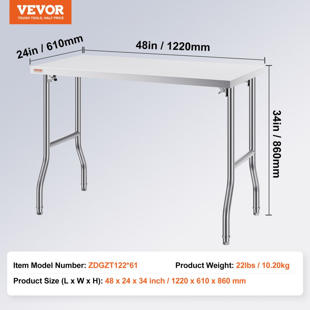 VEVOR Commercial Worktable Workstation 48 x 24 Inch Folding Commercial Prep Table, Heavy-duty Stainless Steel Folding Table with 661 lbs Load, Kitchen Work Table, Silver Stainless Steel Kitchen Island 