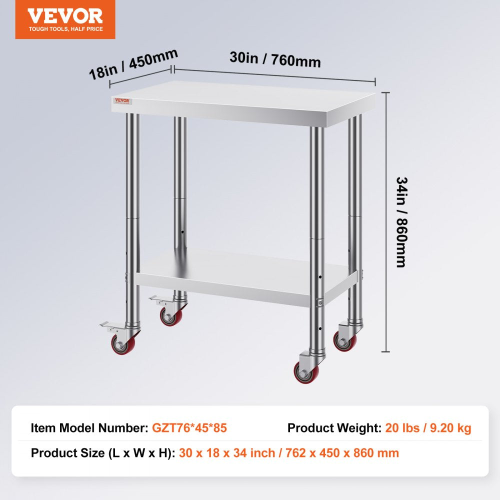 VEVOR 30x18x34 Inch Stainless Steel Work Table 3-Stage Adjustable Shelf with 4 Wheels Heavy Duty Commercial Food Prep Worktable with Brake for Kitchen Prep Work 
