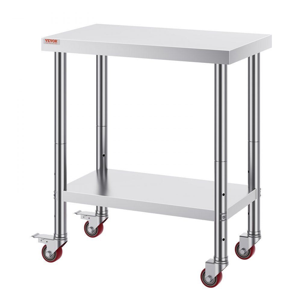 VEVOR 30x18x34 Inch Stainless Steel Work Table 3-Stage Adjustable Shelf with 4 Wheels Heavy Duty Commercial Food Prep Worktable with Brake for Kitchen Prep Work 