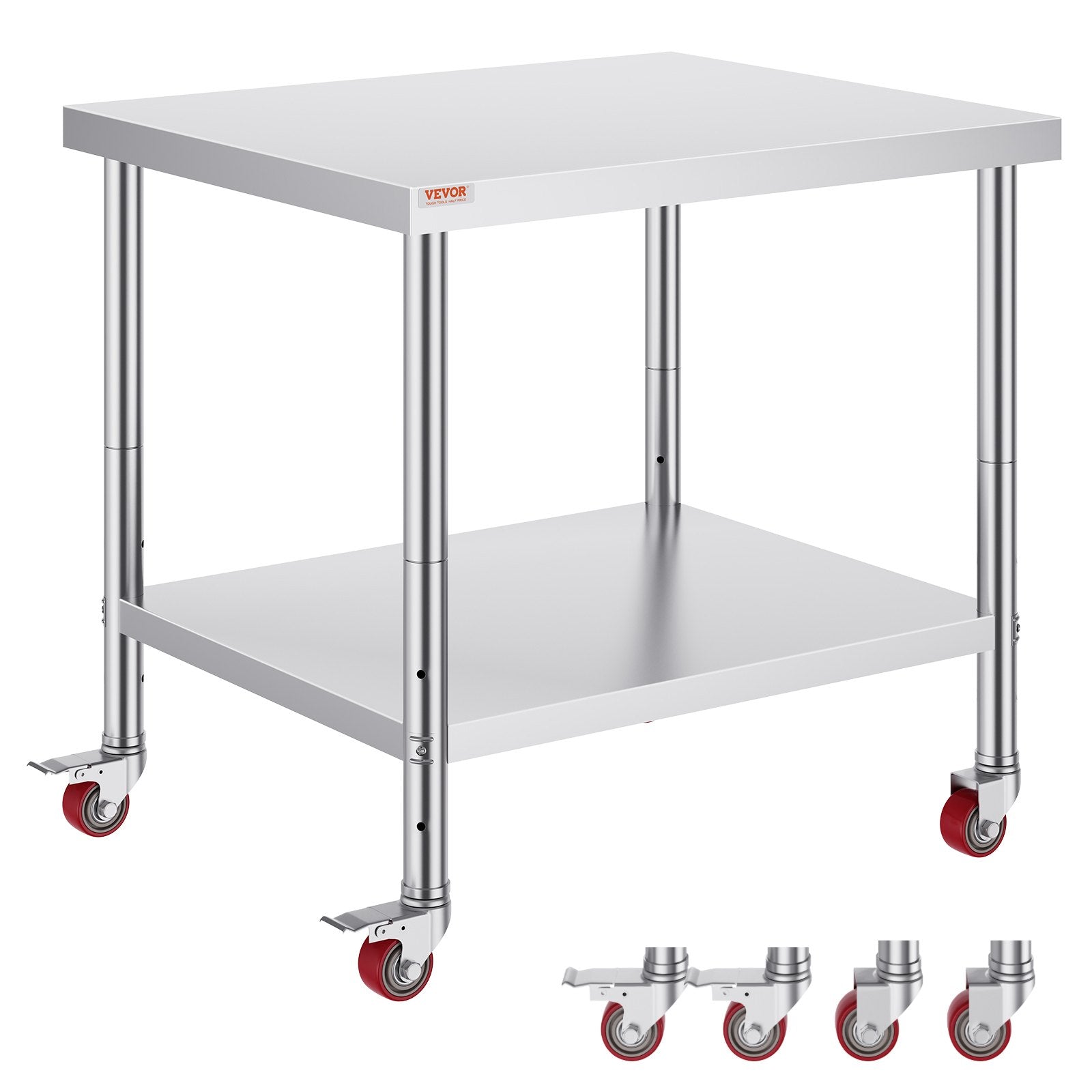 VEVOR 30x36x34 Inch Stainless Steel Work Table 3-Stage Adjustable Shelf with 4 Wheels Heavy Duty Commercial Food Prep Worktable with Brake for Kitchen Prep Work 220 lb Capacity 