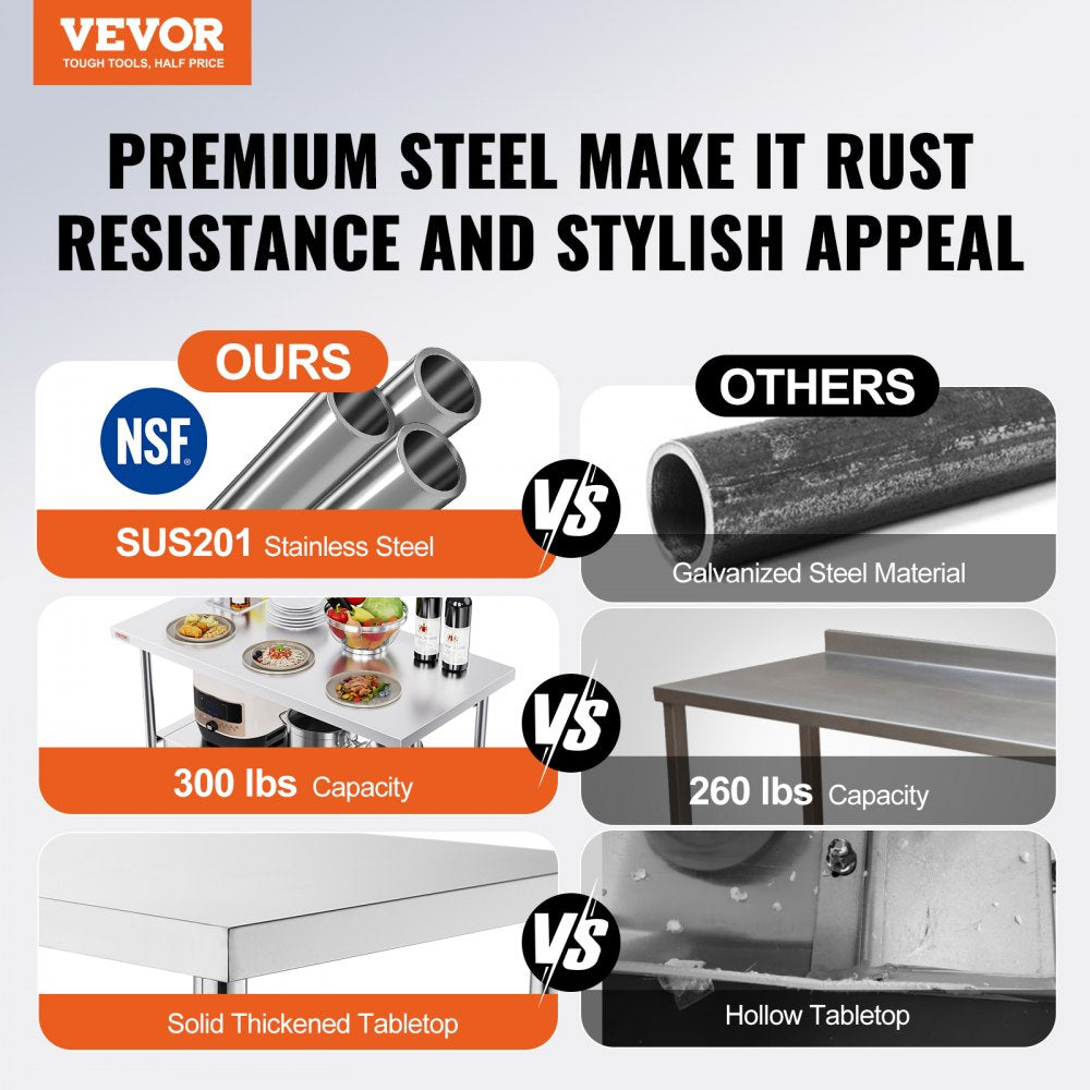 VEVOR 48 x 24 Inch Commercial Worktable Workstation, Folding Commercial Prep Table, Heavy-duty Stainless Steel Folding Table with 772 lbs Load, Kitchen Work Table, Silver Stainless Steel Kitchen Islan 