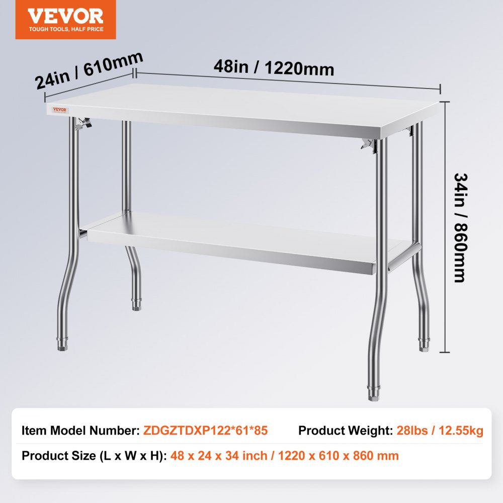 VEVOR 48 x 24 Inch Commercial Worktable Workstation, Folding Commercial Prep Table, Heavy-duty Stainless Steel Folding Table with 772 lbs Load, Kitchen Work Table, Silver Stainless Steel Kitchen Islan 
