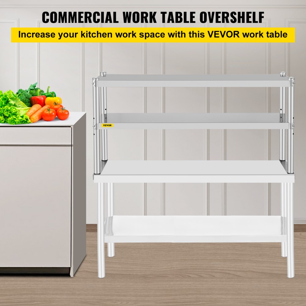 VEVOR Double Overshelf, Double Tier Stainless Steel Overshelf, 48 in. Length x 12 in. Width Double Deck Overshelf, Height Adjustable Overshelf for Prep & Work Table in Kitchen, Restaurant and Workshop 