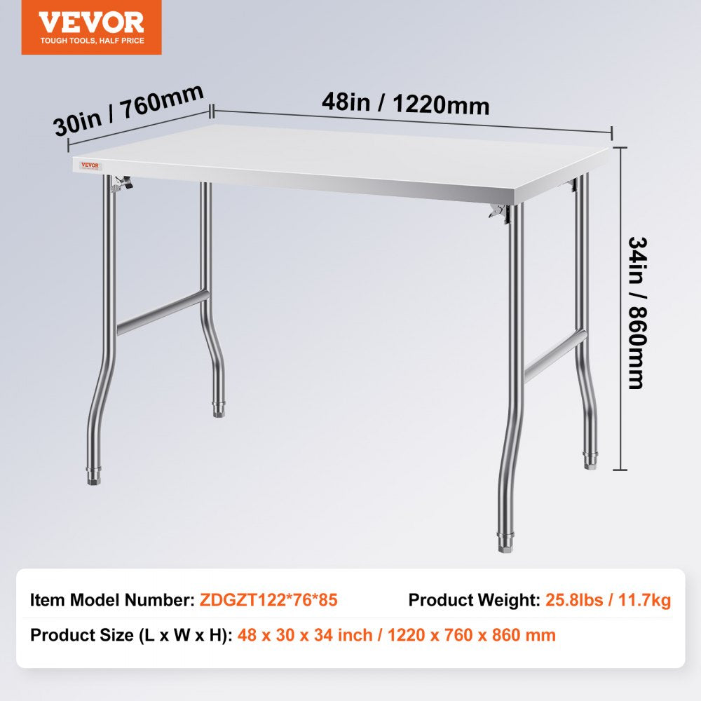 VEVOR 48 x 30 Inch Folding Commercial Prep Table Commercial Worktable Workstation, Heavy-duty Stainless Steel Folding Table with 220 lbs Load, Silver Stainless Steel Kitchen Island?Kitchen Work Table 