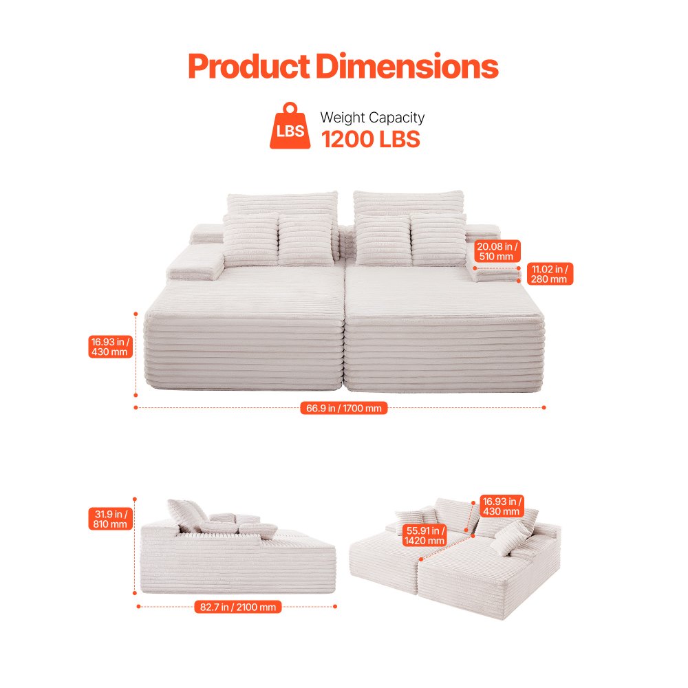 82.7" Oversized Double Chaise Lounge Sofa – Beige Corduroy Deep Seat Sectional with Throw Pillows – No Assembly Required