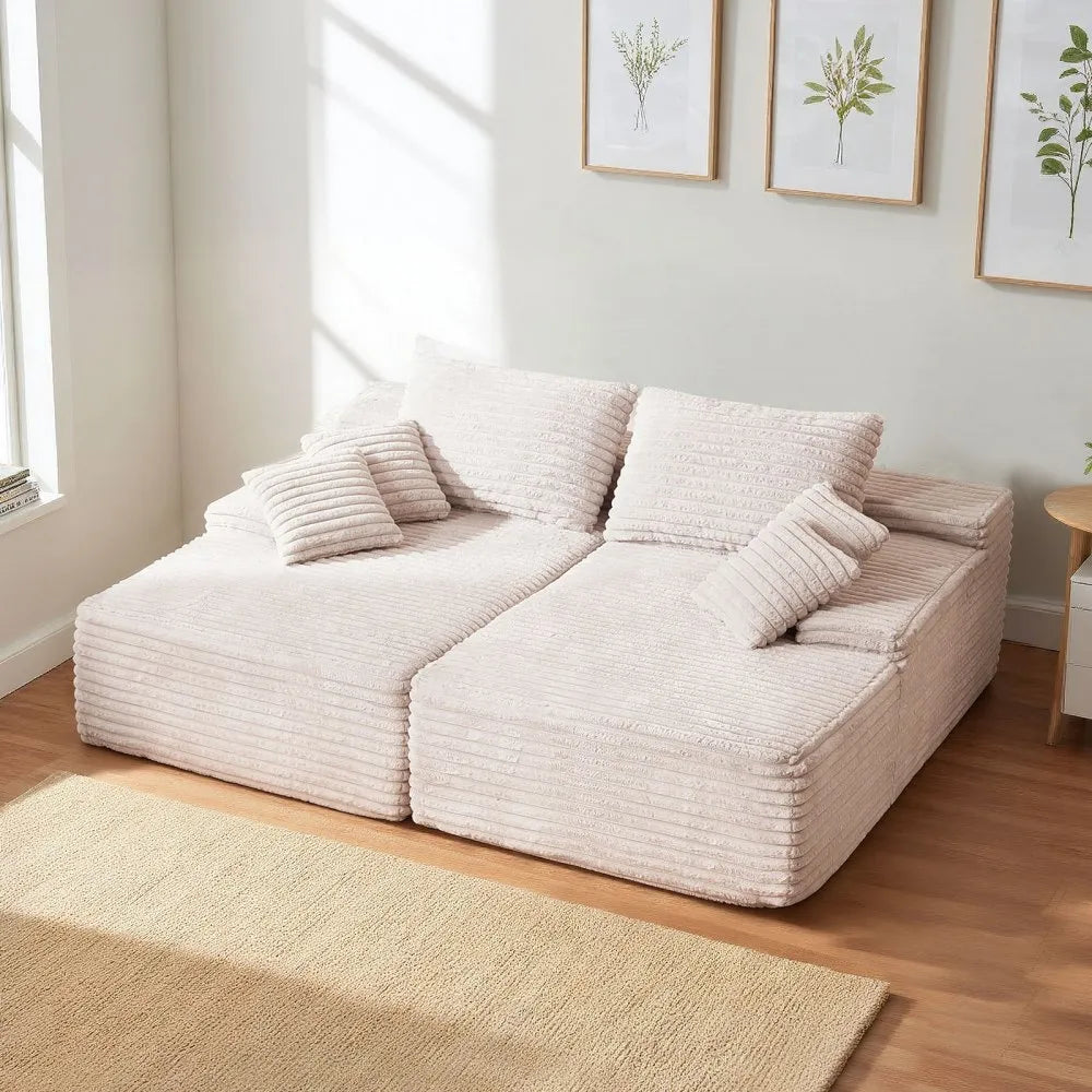 82.7" Oversized Double Chaise Lounge Sofa – Beige Corduroy Deep Seat Sectional with Throw Pillows – No Assembly Required