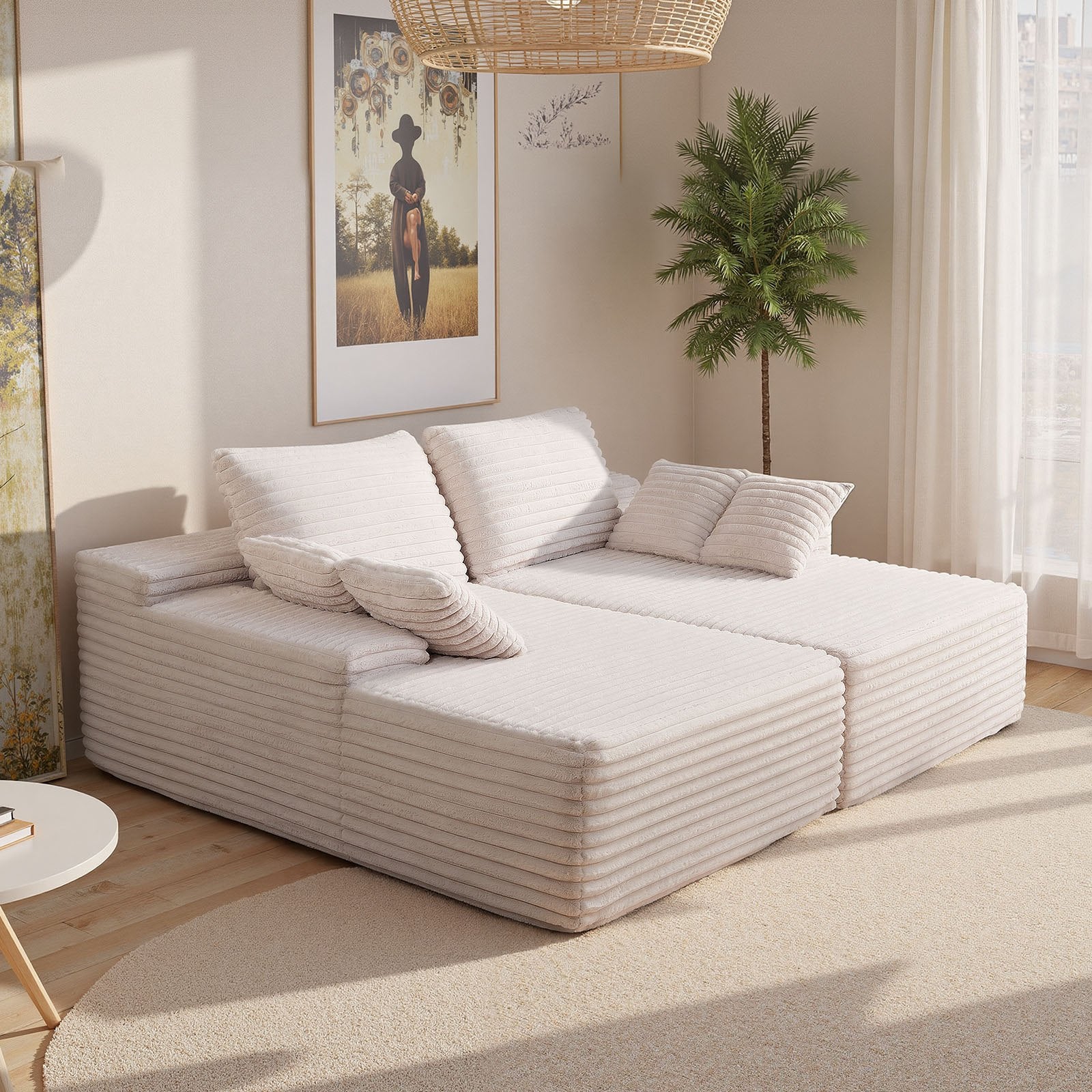 82.7" Oversized Double Chaise Lounge Sofa – Beige Corduroy Deep Seat Sectional with Throw Pillows – No Assembly Required