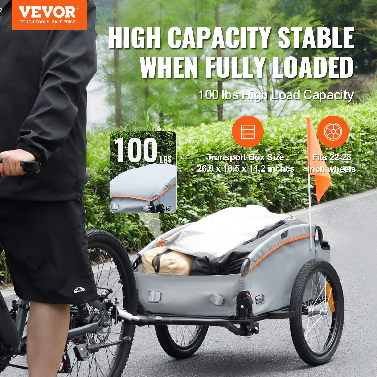 VEVOR Bike Cargo Trailer, 100 lbs Load Capacity, Heavy-Duty Bicycle Wagon Cart, Foldable Compact Storage with Universal Hitch, Waterproof Cover, 16" Wheels, Safe Reflectors, Fits 22"-28" Bike Wheels 