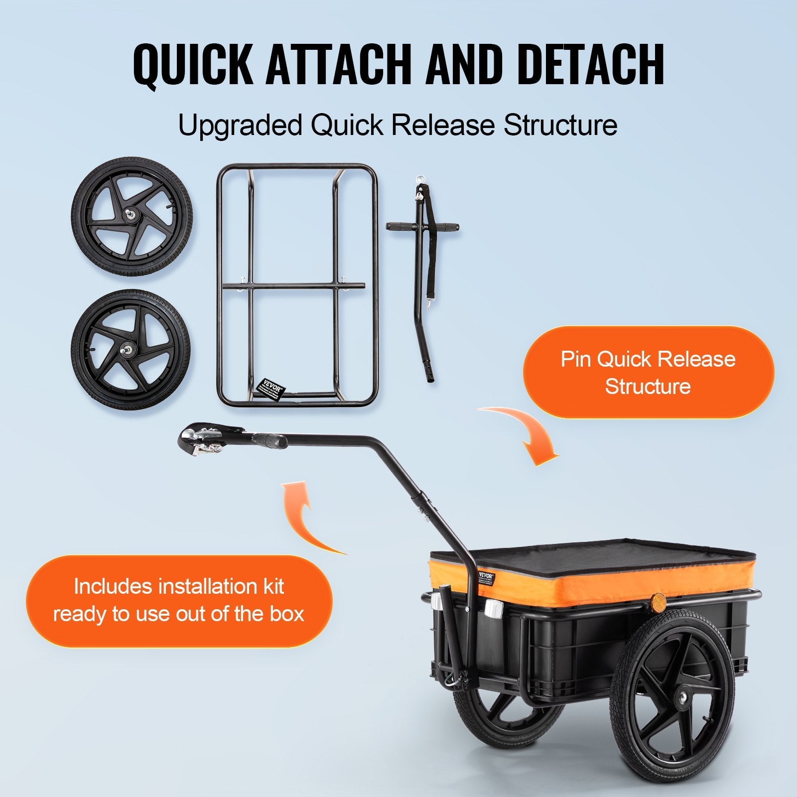 VEVOR Bike Cargo Trailer, 88 lbs Load Capacity, Heavy-Duty Bicycle Wagon Cart, Foldable Compact Storage with Universal Hitch, Waterproof Cover, 16" Wheels, Safe Reflectors, Fits 24"-28" Bike Wheels 
