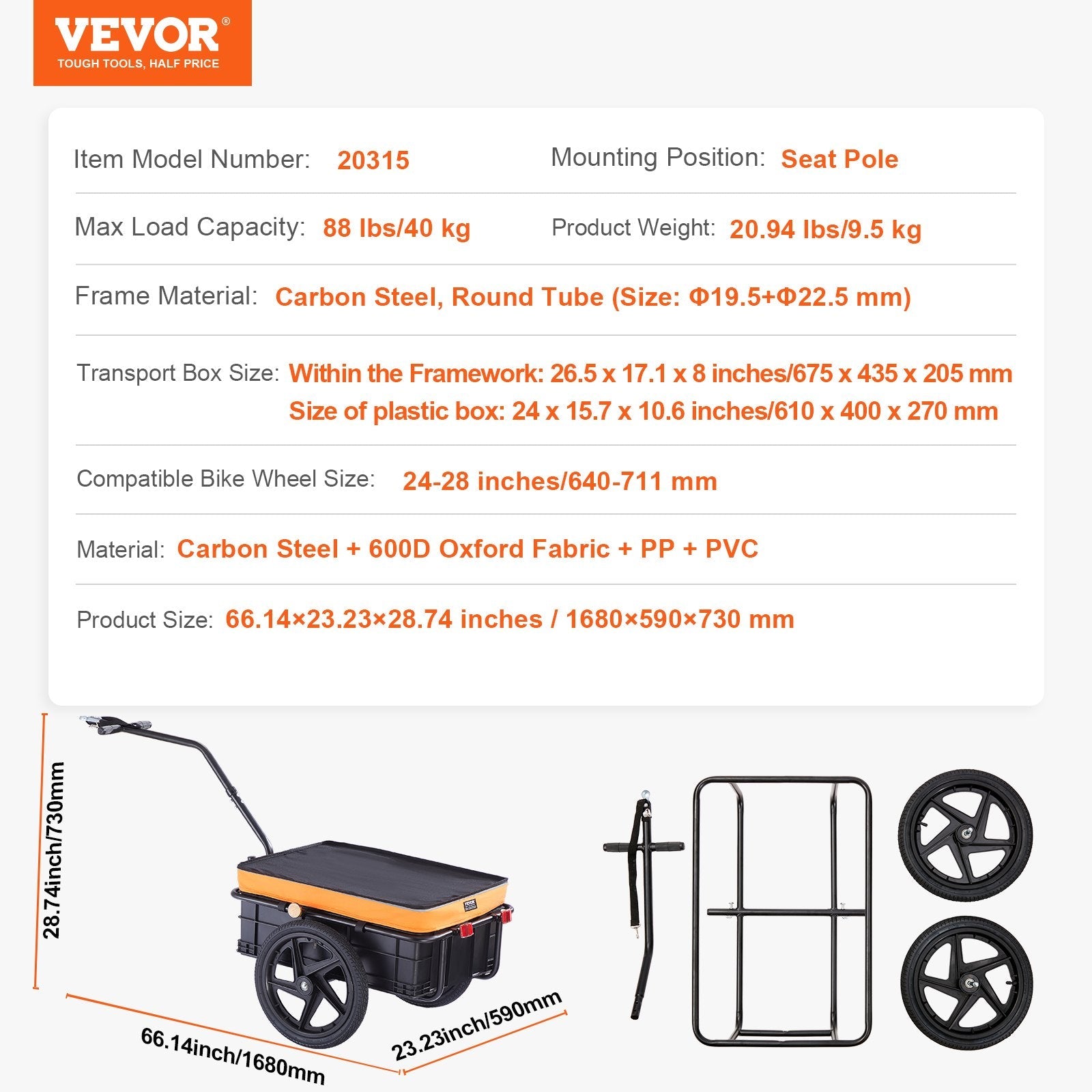 VEVOR Bike Cargo Trailer, 88 lbs Load Capacity, Heavy-Duty Bicycle Wagon Cart, Foldable Compact Storage with Universal Hitch, Waterproof Cover, 16" Wheels, Safe Reflectors, Fits 24"-28" Bike Wheels 