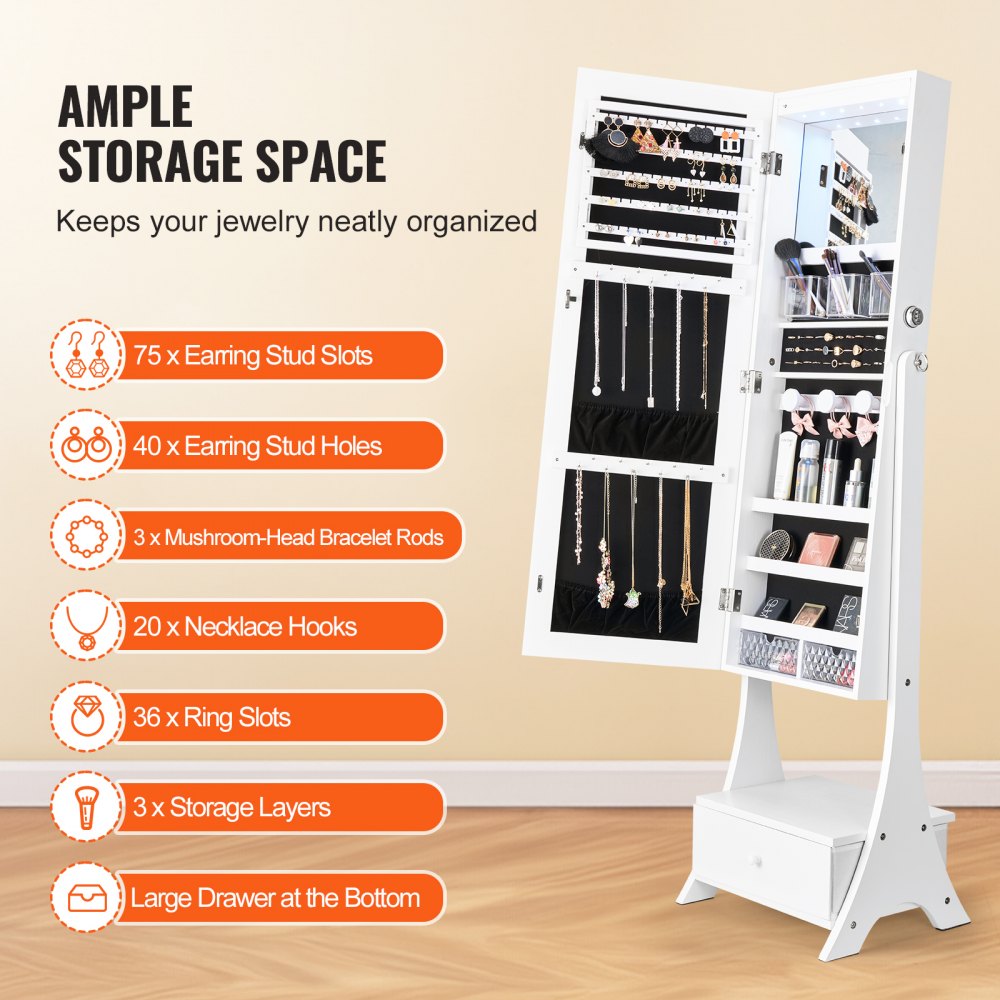 VEVOR Mirror Jewelry Cabinet Standing Mirror with Storage Full Length White 