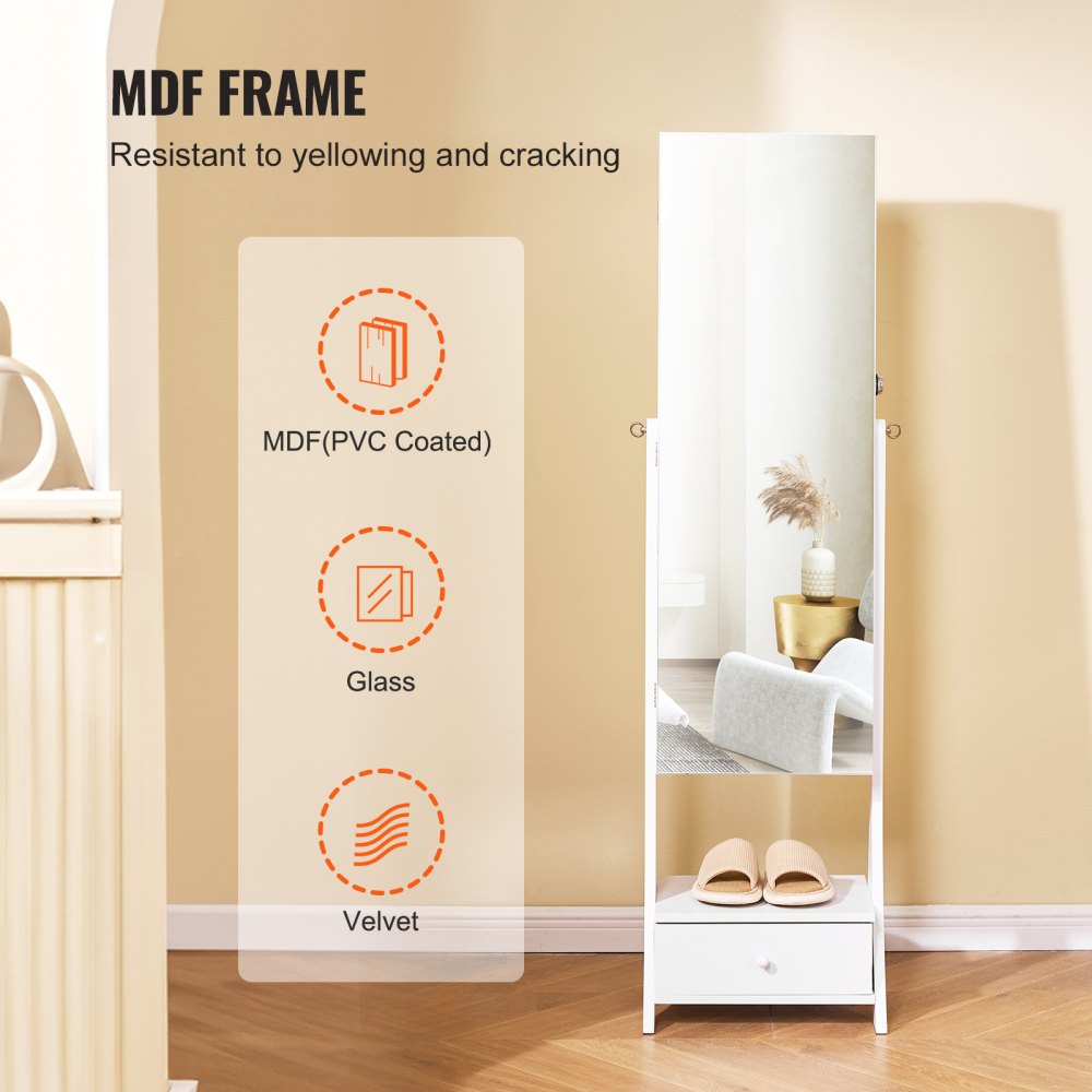 VEVOR Mirror Jewelry Cabinet Standing Mirror with Storage Full Length White 