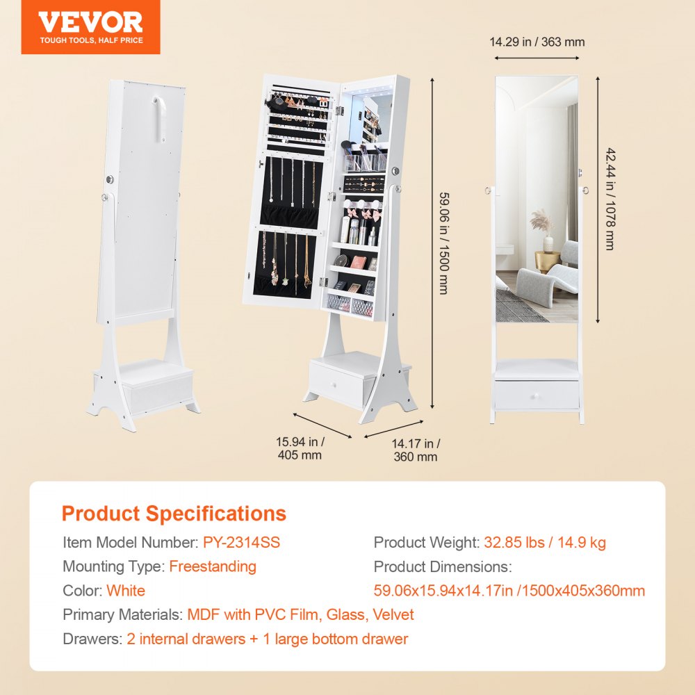 VEVOR Mirror Jewelry Cabinet Standing Mirror with Storage Full Length White 