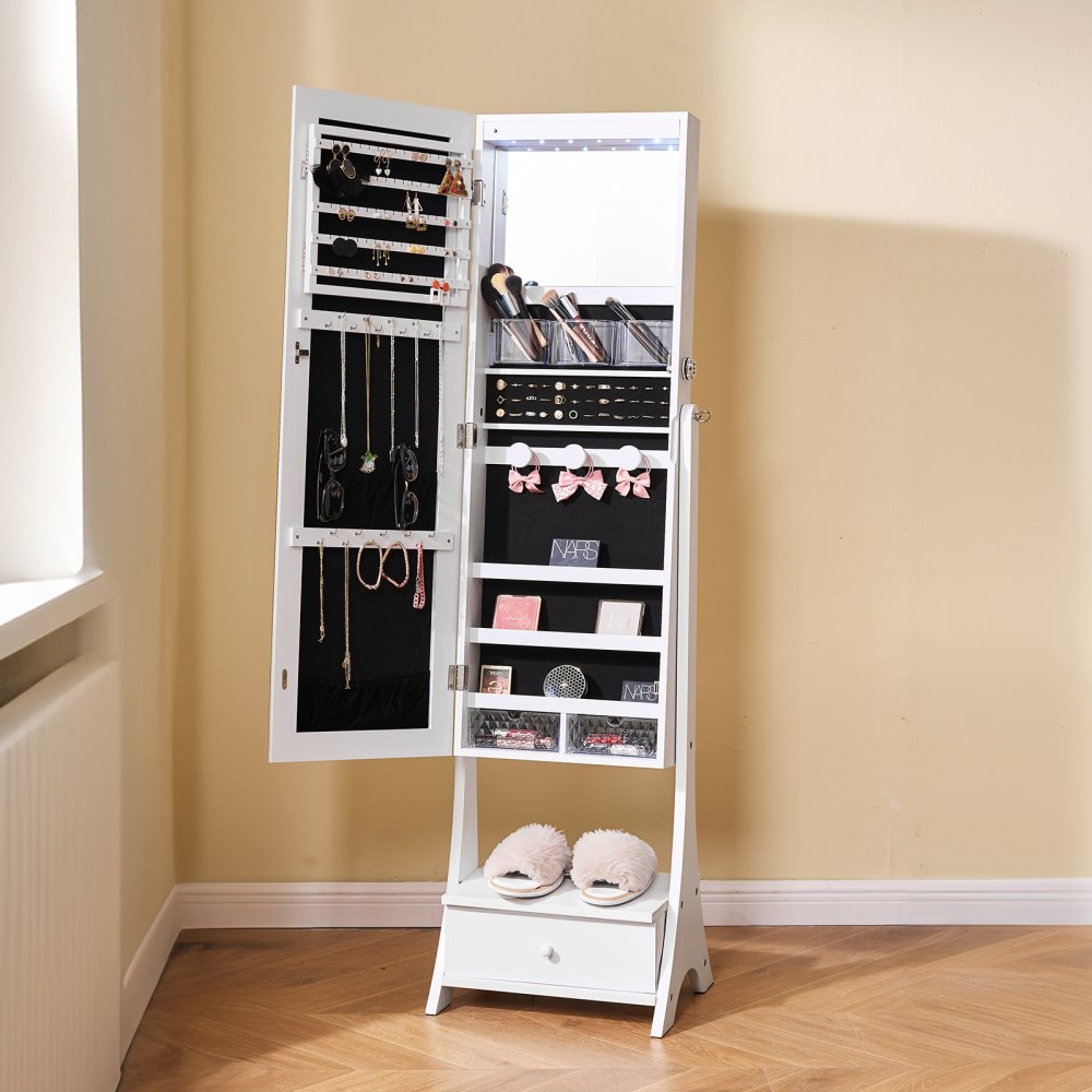VEVOR Mirror Jewelry Cabinet Standing Mirror with Storage Full Length White 
