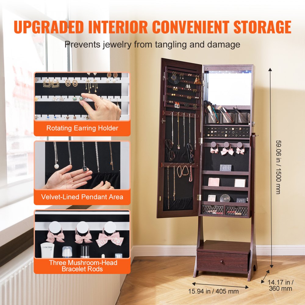 VEVOR Mirror Jewelry Cabinet Standing Mirror with Storage Full Length Brown 