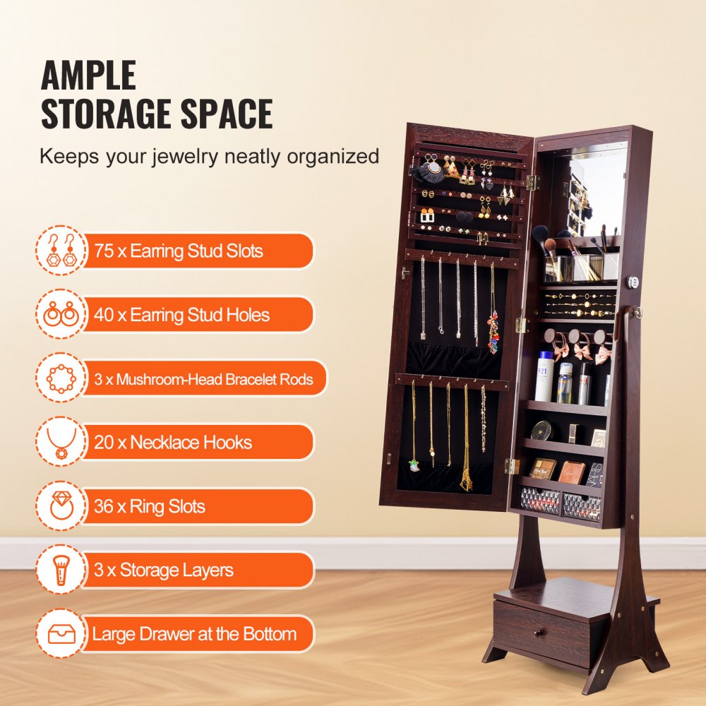 VEVOR Mirror Jewelry Cabinet Standing Mirror with Storage Full Length Brown 
