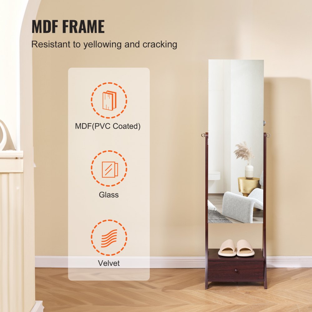 VEVOR Mirror Jewelry Cabinet Standing Mirror with Storage Full Length Brown 