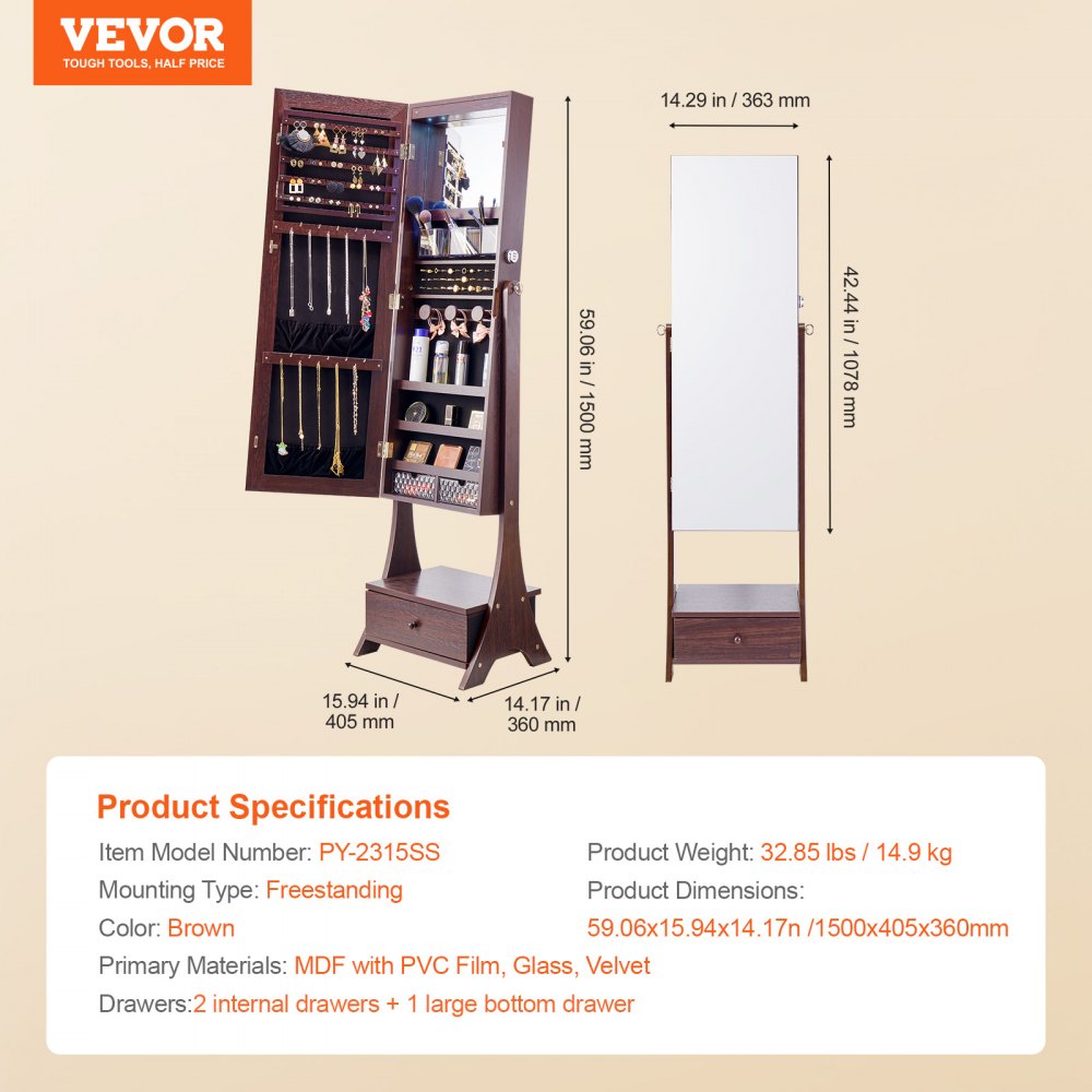 VEVOR Mirror Jewelry Cabinet Standing Mirror with Storage Full Length Brown 