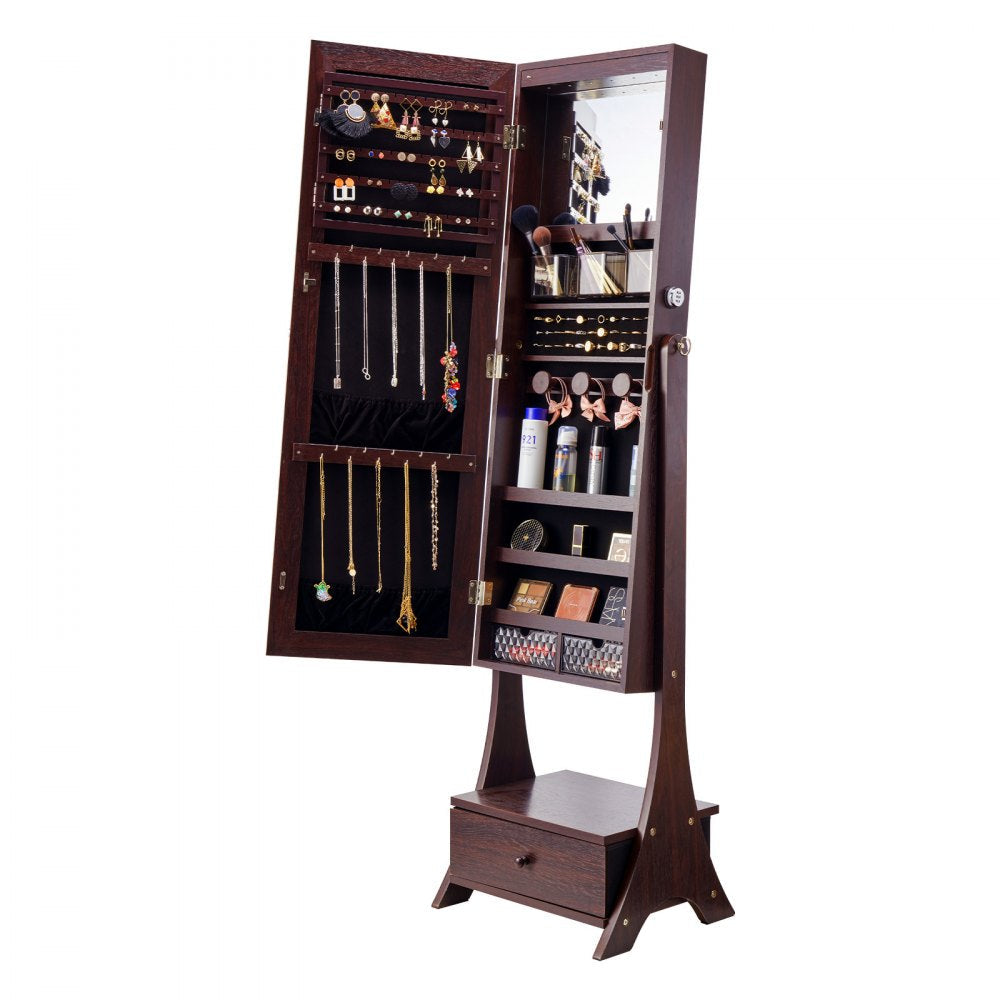 VEVOR Mirror Jewelry Cabinet Standing Mirror with Storage Full Length Brown 