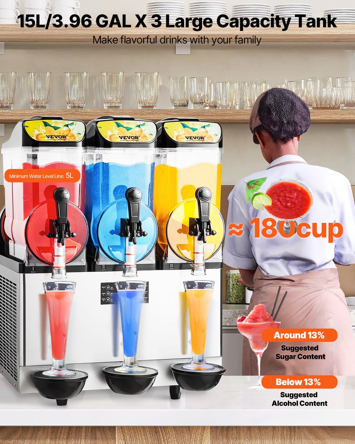 VEVOR Commercial Slushy Machine 15Lx3 Tank Margarita Smoothie Frozen Drink Maker 