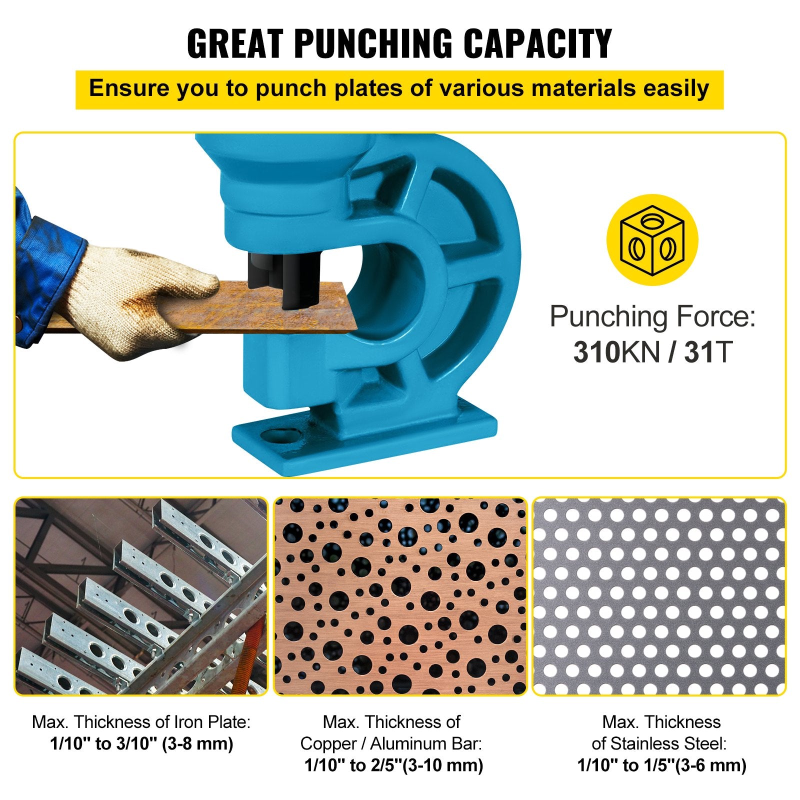 VEVOR CH-60 Hydraulic Hole Punching Tool 31T Hole Digger Force Puncher Smooth Hole Puncher for Iron Plate Copper Bar Aluminum Stainless Steel 